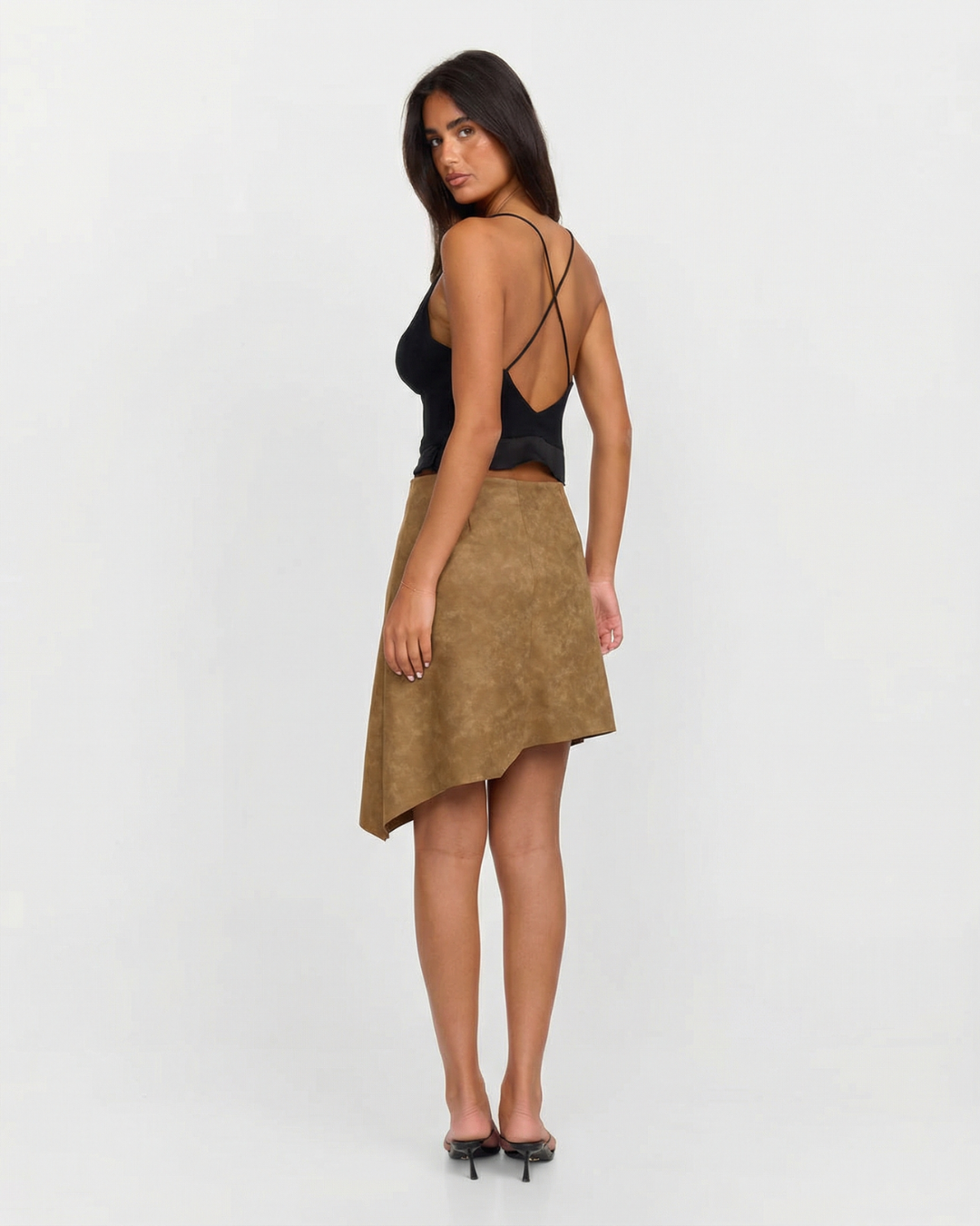 Dani | Asymmetric Mini Skirt Brown Suede A Line