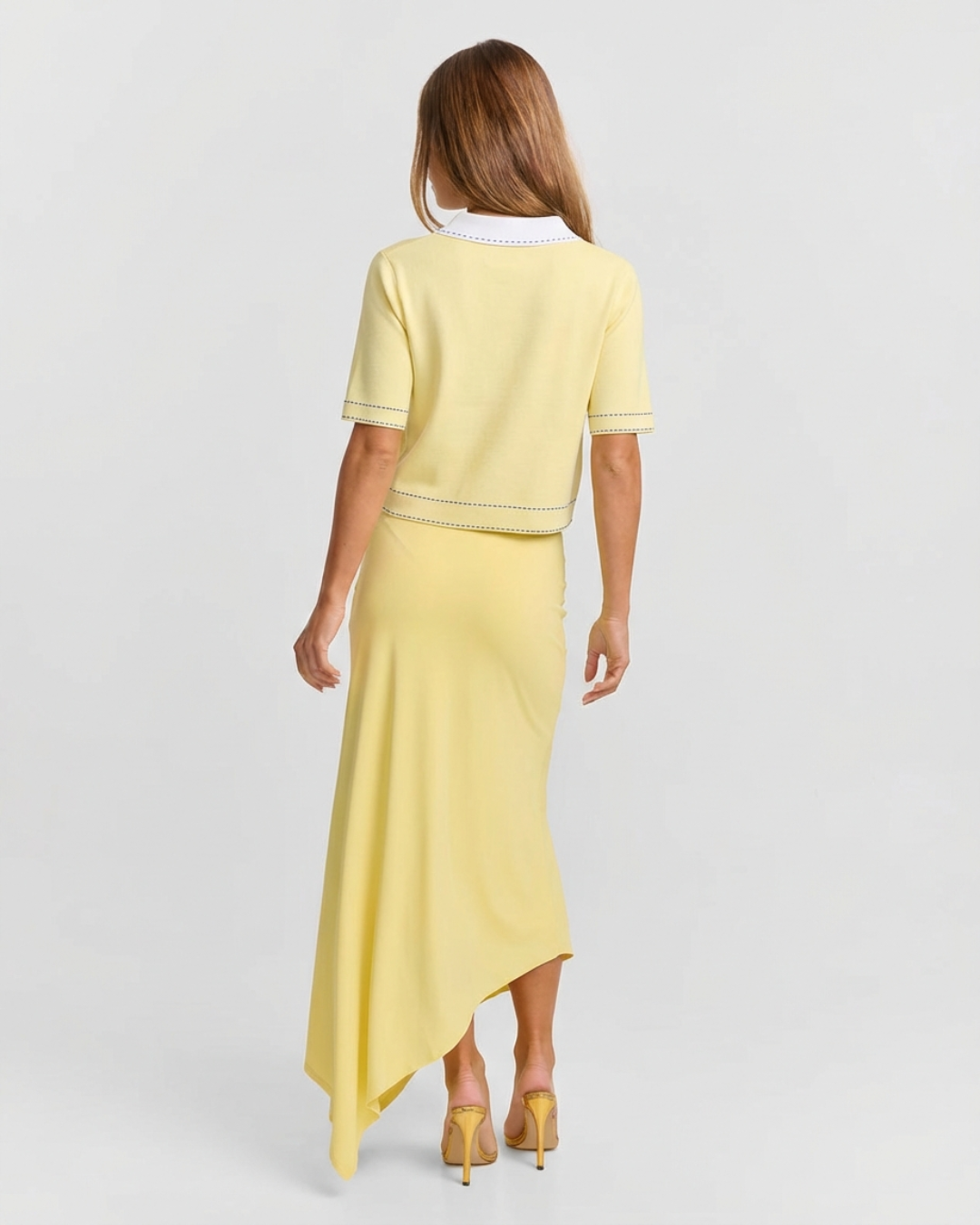 Cate | Coquette Cropped Polo Shirt Yellow Contrast Stitch