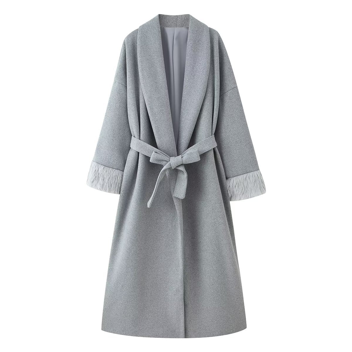 Vera | Belted Wool Long Coat Cream Faux Fur Cuff