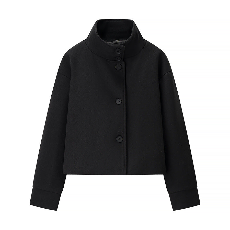 Rue | Winter Cropped Jacket Black High Neck Button Front