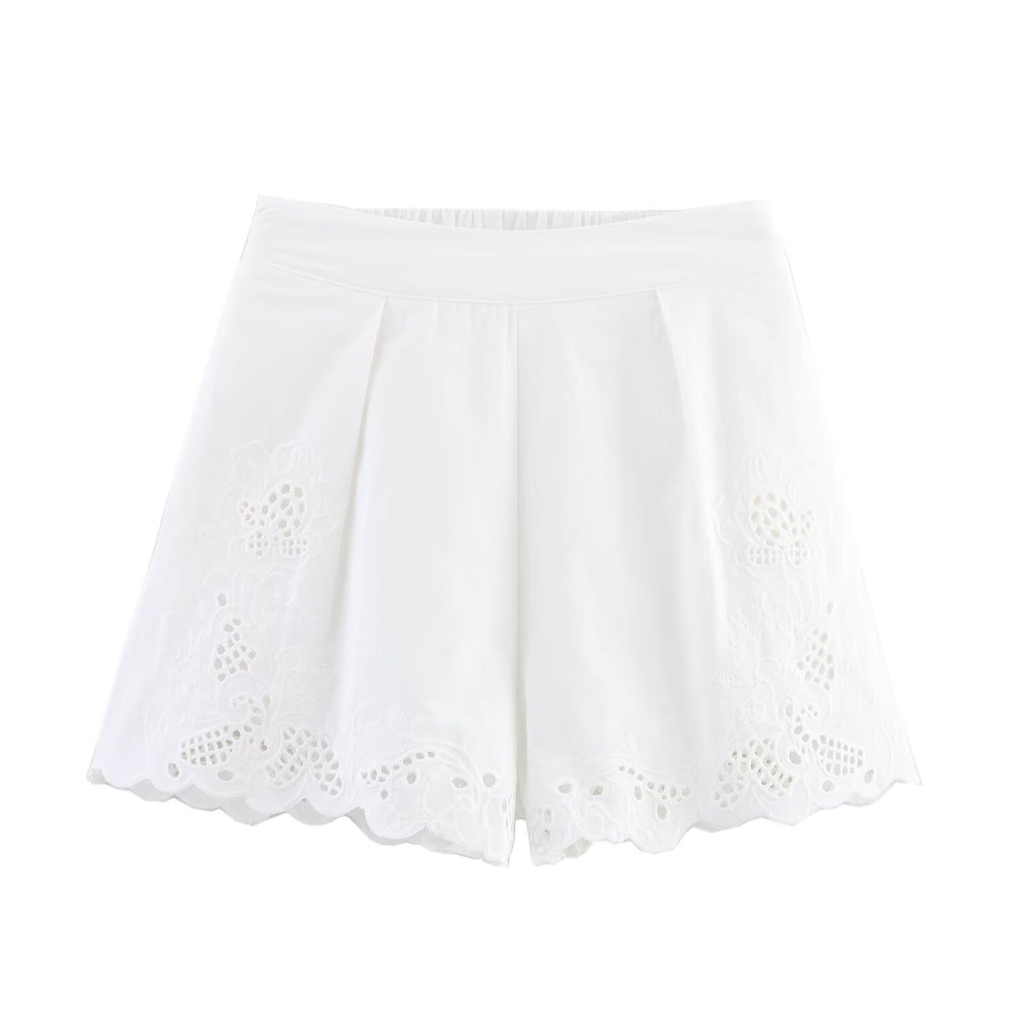 Flora | White Shorts High Waisted Embroidered Scalloped Linen Summer