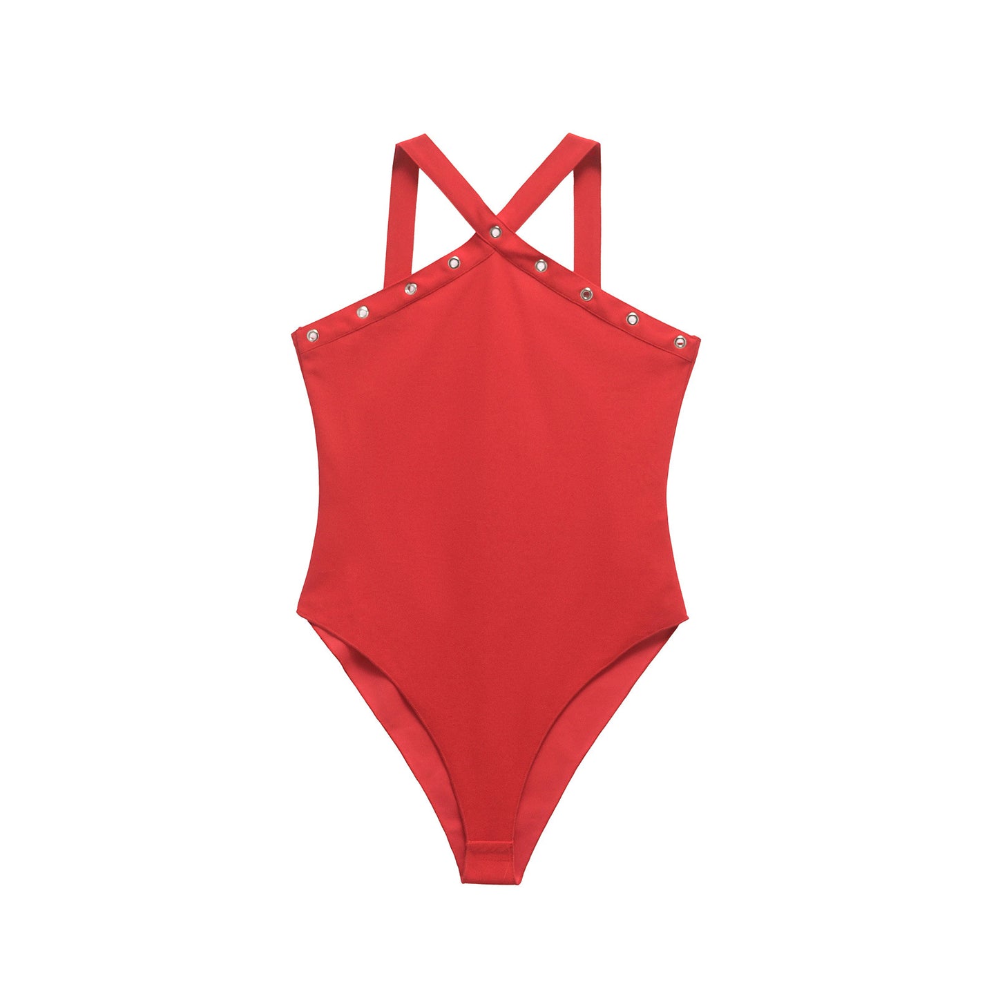 Camille | Halter Neck Bodysuit Red Rivet Detail