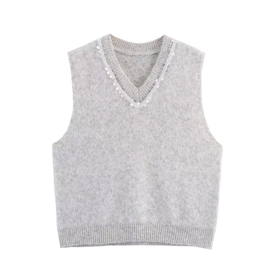 Vera | Cropped Sweater Vest Gray V Neck Rhinestone