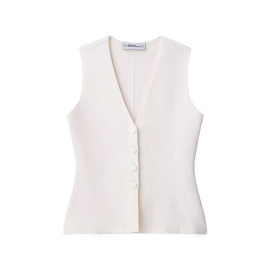 Margot | Ribbed Sleeveless Button Up Vest Top White V Neck
