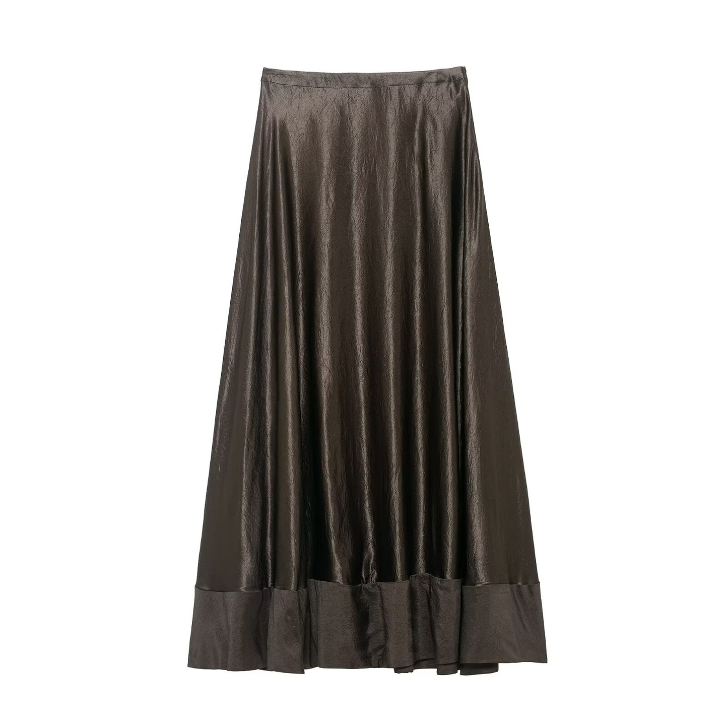 Uma | Elegant Satin Maxi Skirt Brown Pleated Tiered