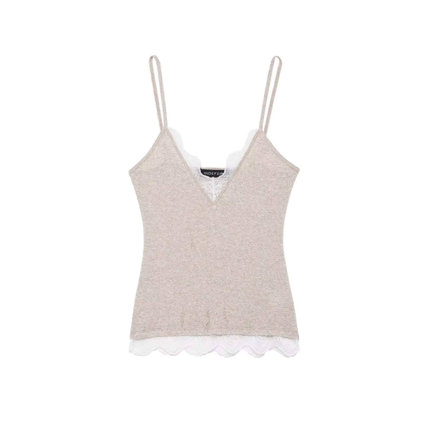 Viola | Everyday Lace Trim Cami Top Grey V Neck Fitted Sleeveless