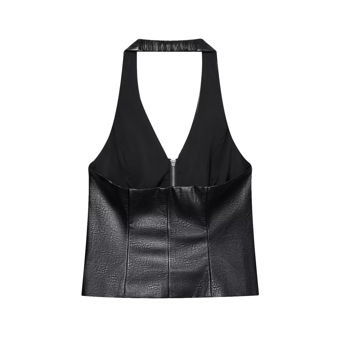 Aria | Halter Neck Top Black Leather Zip Front Corset