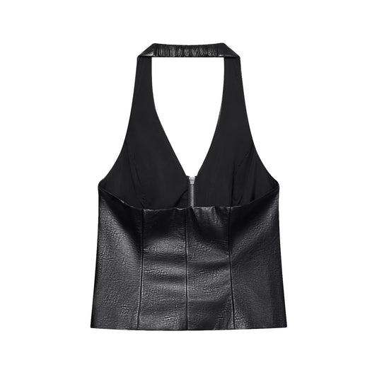 Aria | Halter Neck Top Black Leather Zip Front Corset