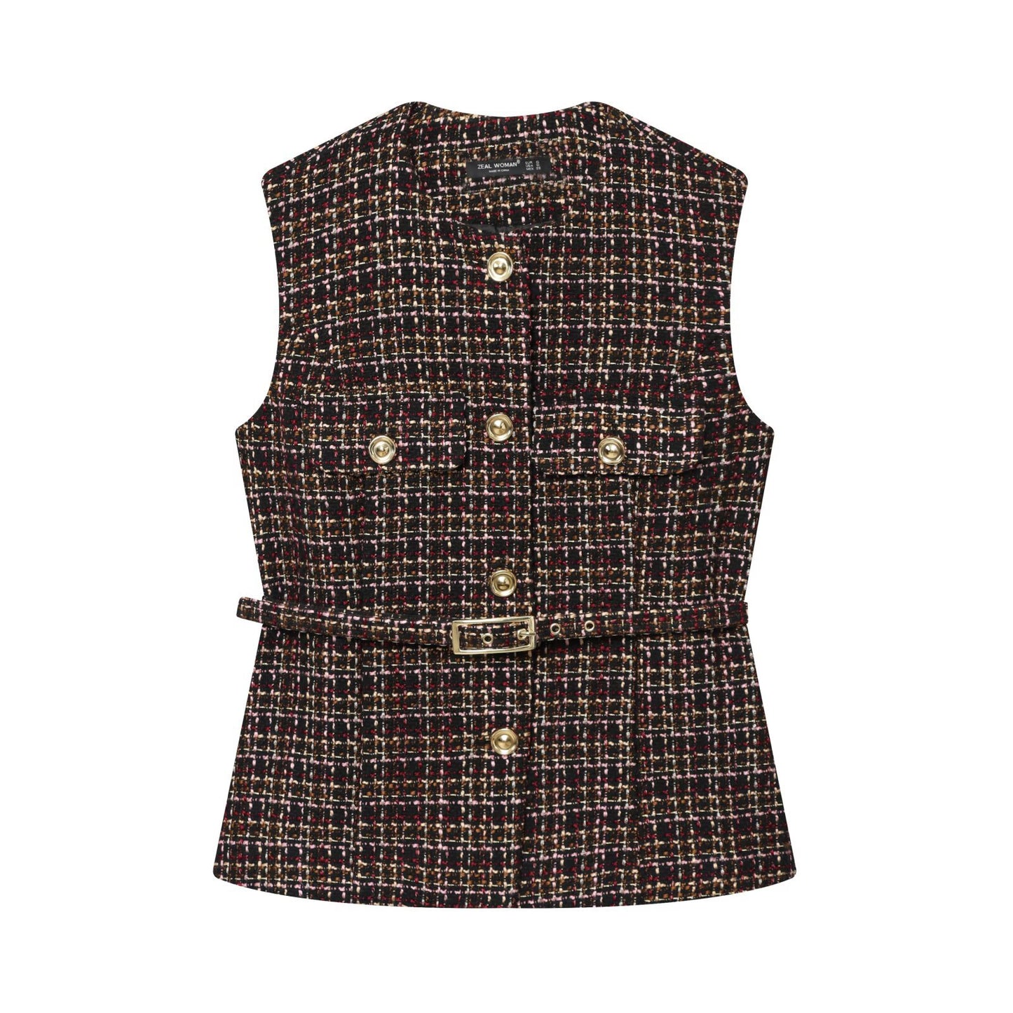 Sia | Elegant Sleeveless Tweed Blazer Brown Belted Button Front