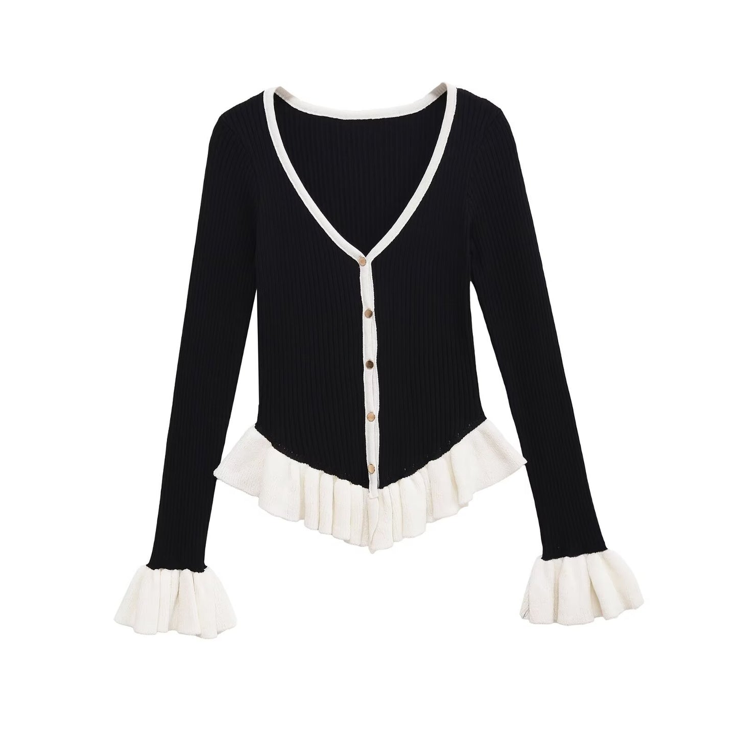 Hazel | Elegant Peplum Top Black Knitted Long Sleeve V Neck Fitted