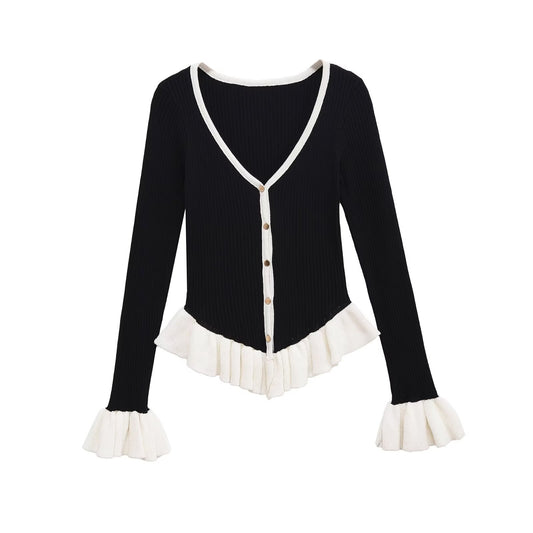 Hazel | Elegant Peplum Top Black Knitted Long Sleeve V Neck Fitted
