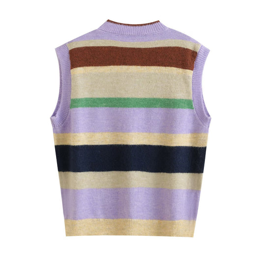 Margot | Striped Knit Sweater Vest Purple Multicolor Button Front