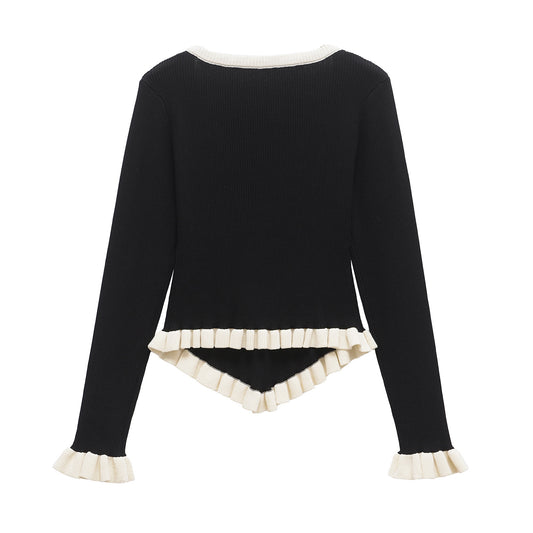 Iris | Ribbed V Neck Blouse Black Long Sleeve Ruffle Trim