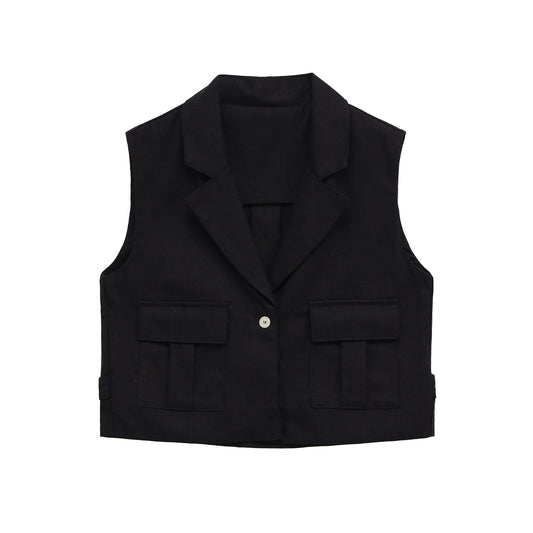 Tess | Cropped Sleeveless Blazer Black Tailored Utility Pockets