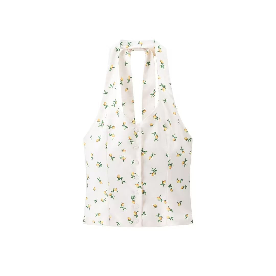 Viola | Summer Halter Neck Top White Floral Print Fitted V Neck