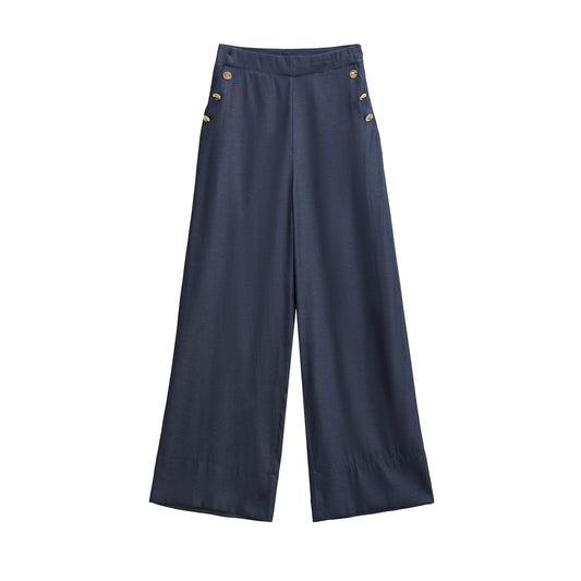 Margot | Wide Leg Linen Pants Navy High Waisted Button Detail