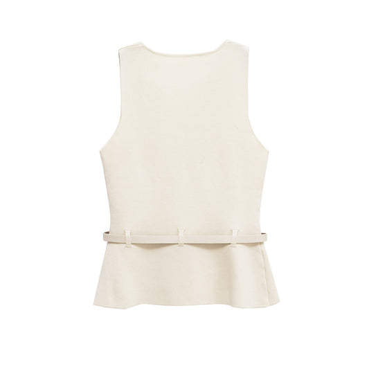 Vera | Elegant Peplum Top Cream Sleeveless Belted Fitted