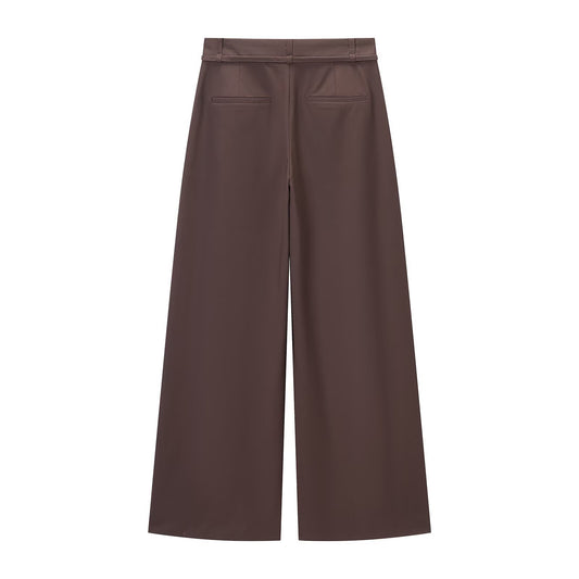 Thea | Pleated Wide Leg Trousers Brown Belted