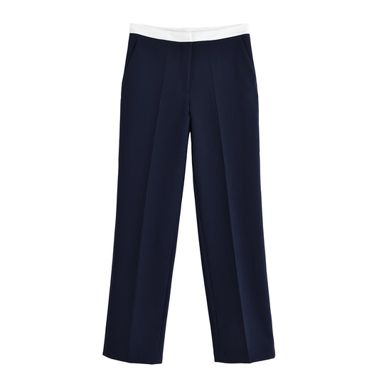 Vera | Wide Leg Tailored Pants Navy High Waisted White Waist