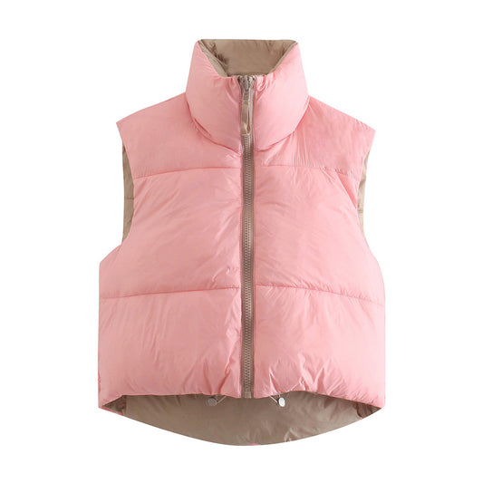 Vera | Quilted Puffer Vest Pink Reversible Sherpa Collar