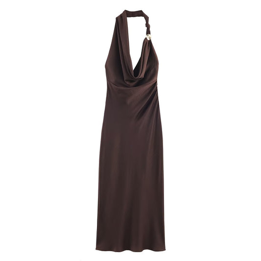 Erin | Elegant Satin Halter Neck Dress Brown