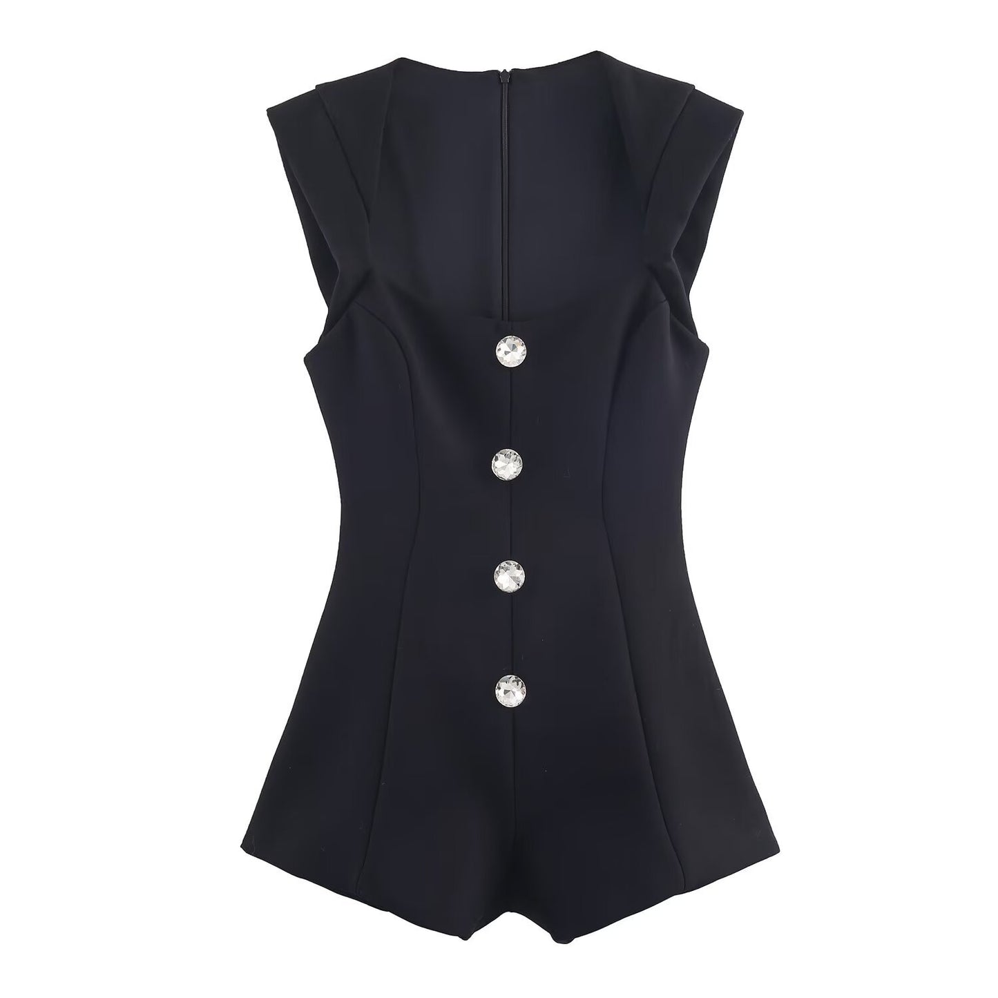 Alma | Elegant Button Front Playsuit Black Square Neck