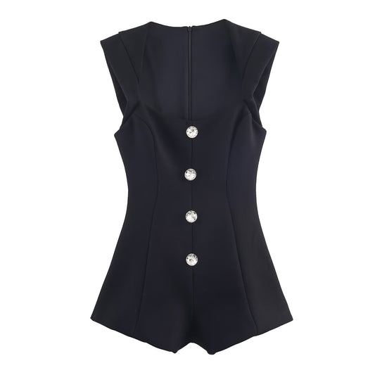 Alma | Elegant Button Front Playsuit Black Square Neck