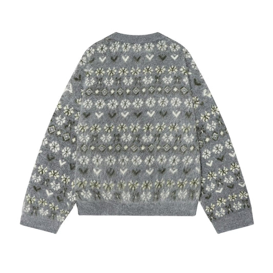 Thea | Fair Isle Knit Sweater Gray Crew Neck Oversized