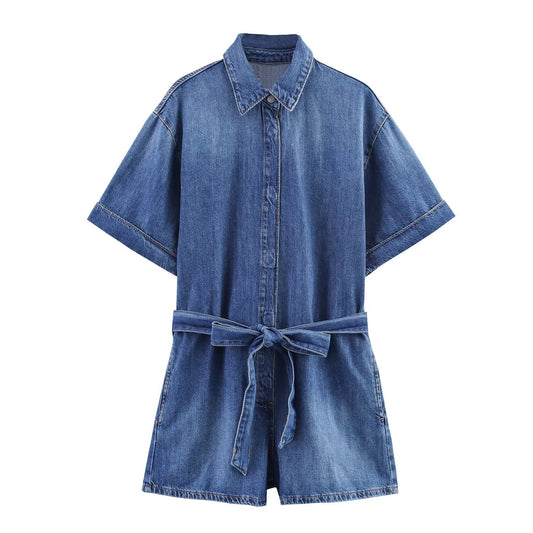 Rosa | Casual Denim Shirt Jumpsuit Blue Belted Short Sleeve