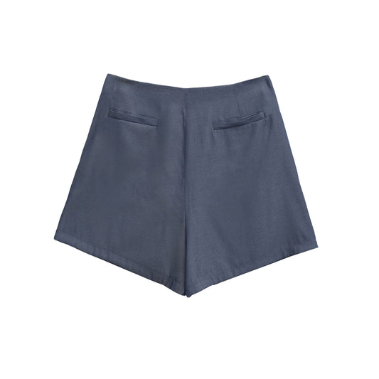 Vera | High Waisted Pleated Shorts Navy Button Detail