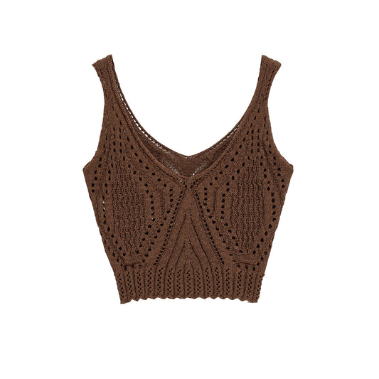Celine | Crochet Tank Top Brown Knitted V Neck Cropped