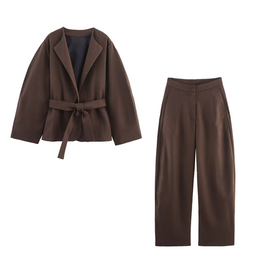 Zara | Elegant Brown Suit Tie Waist