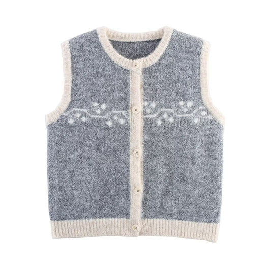 Greta | Sleeveless Cable Knit Cardigan Gray Cream Button Front