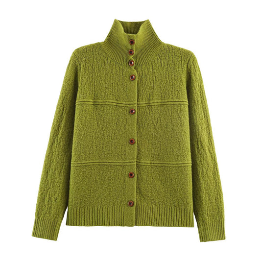 Maren | Autumn Knitted Cardigan Green Long Sleeve Button Front High Neck