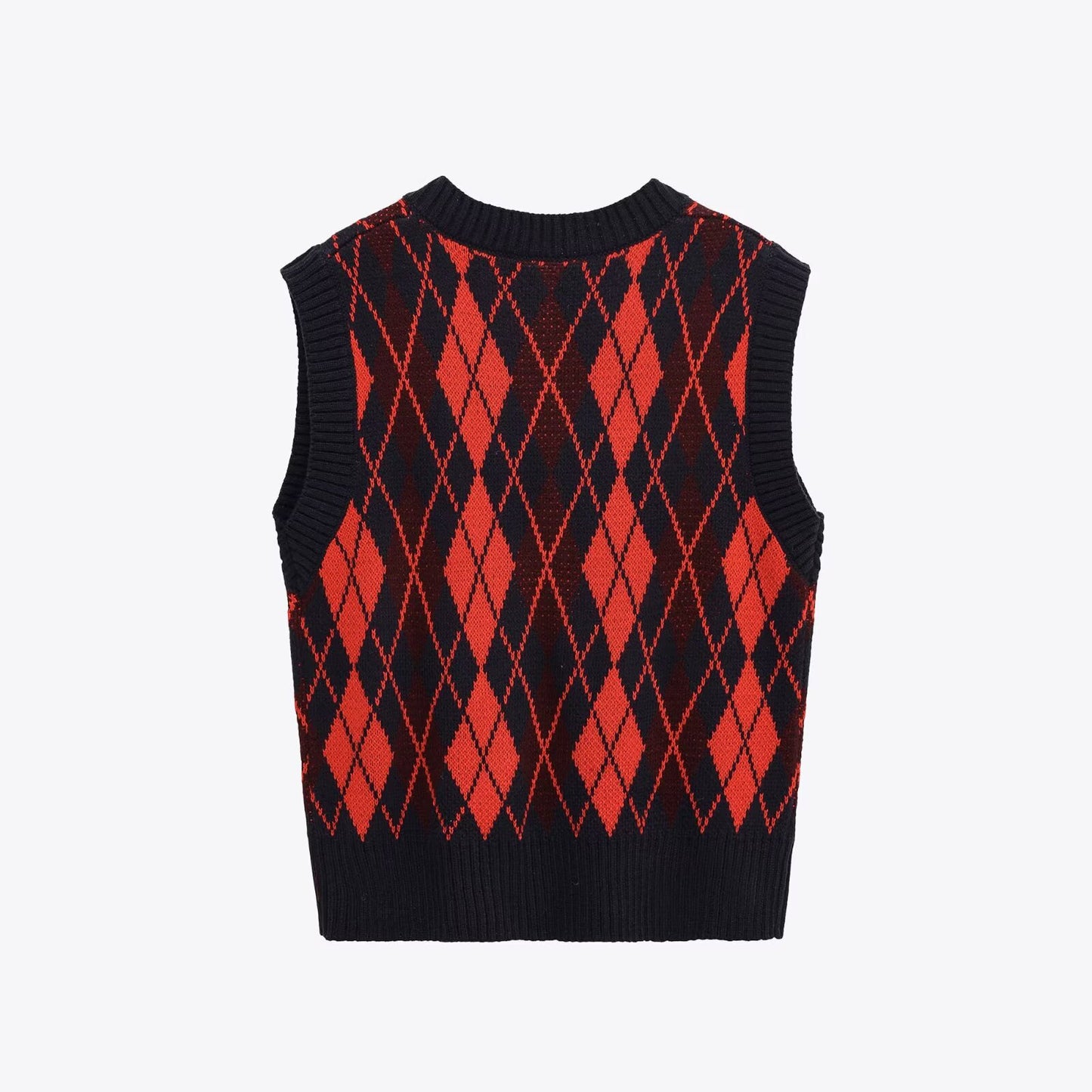 Sia | Knitted Vest Red Argyle Sleeveless V Neck