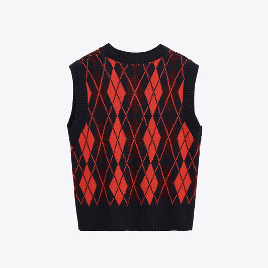 Margot | Preppy Argyle Sweater Vest Red Black V Neck