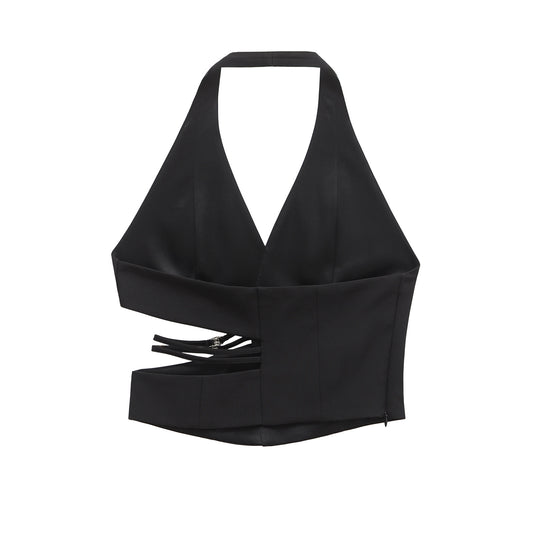 Viola | Halter Neck Top Black Cut Out V Neck Sleeveless