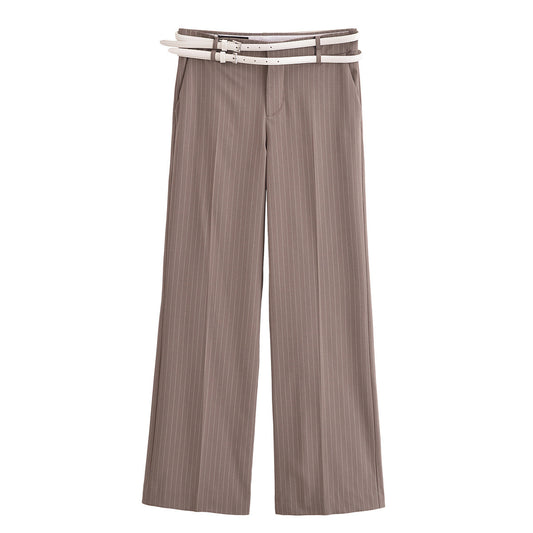 Brown pleated pants with a belt on a white background