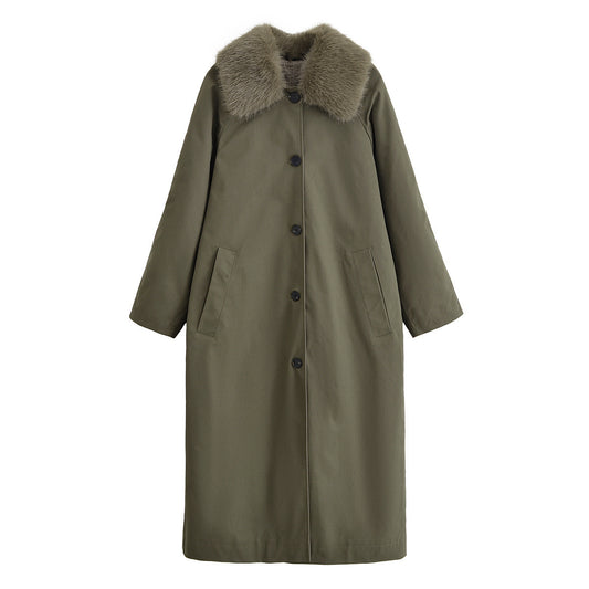 Thea | Long Puffer Coat Olive Faux Fur Collar Button Front