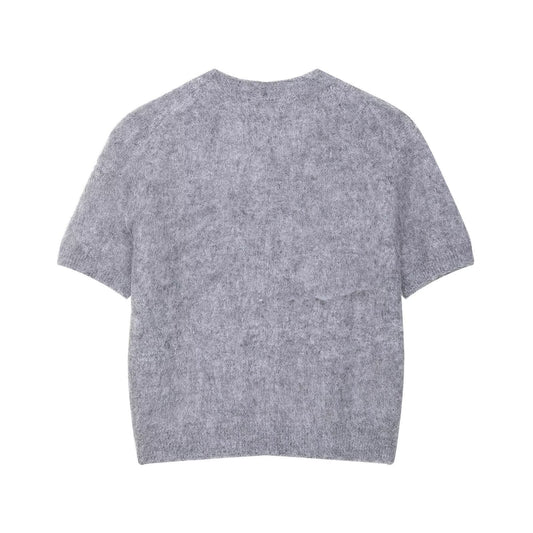 Mia | Fluffy Knitted Top Grey Short Sleeve Crew Neck