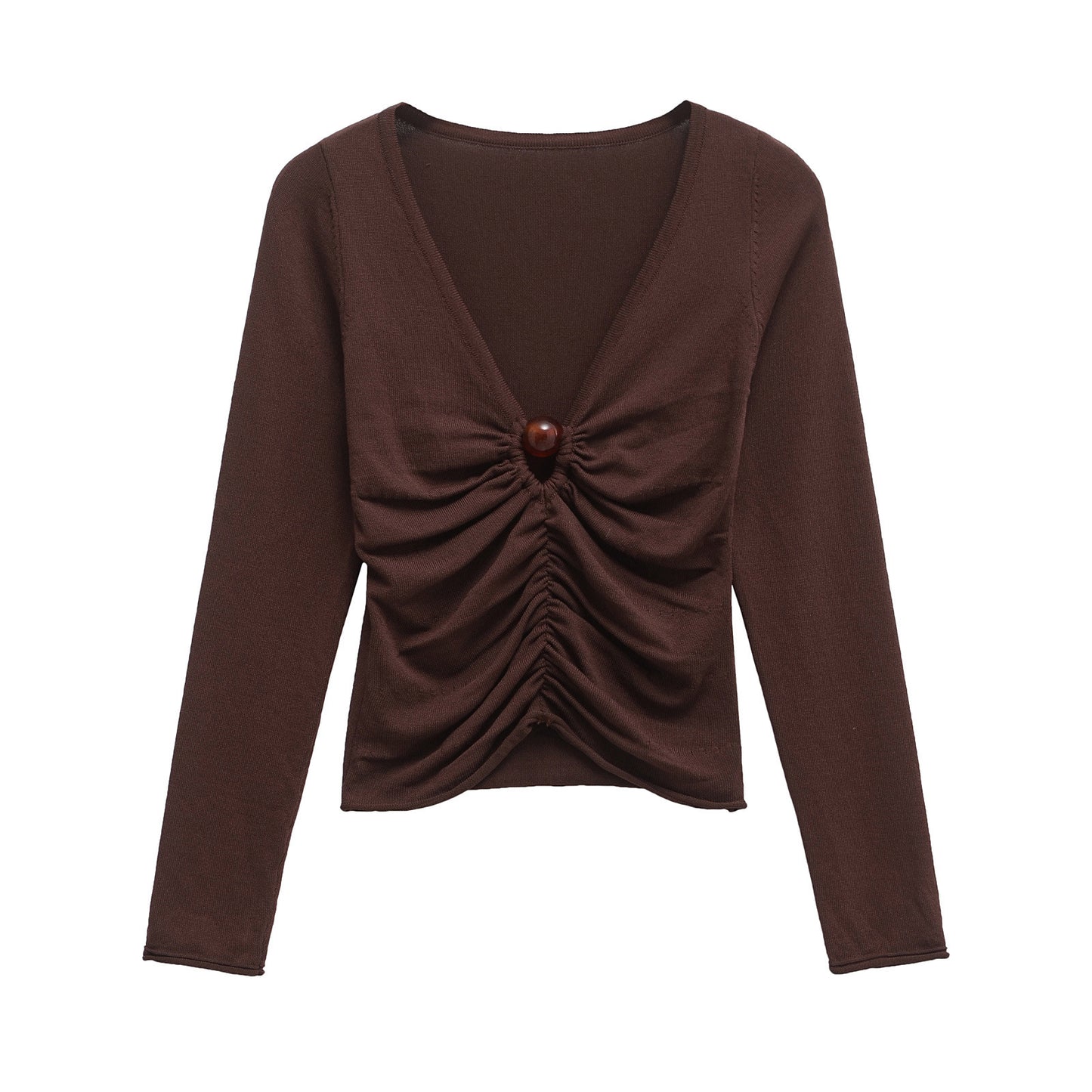 Fawn | Ruched Long Sleeve Top Brown V Neck