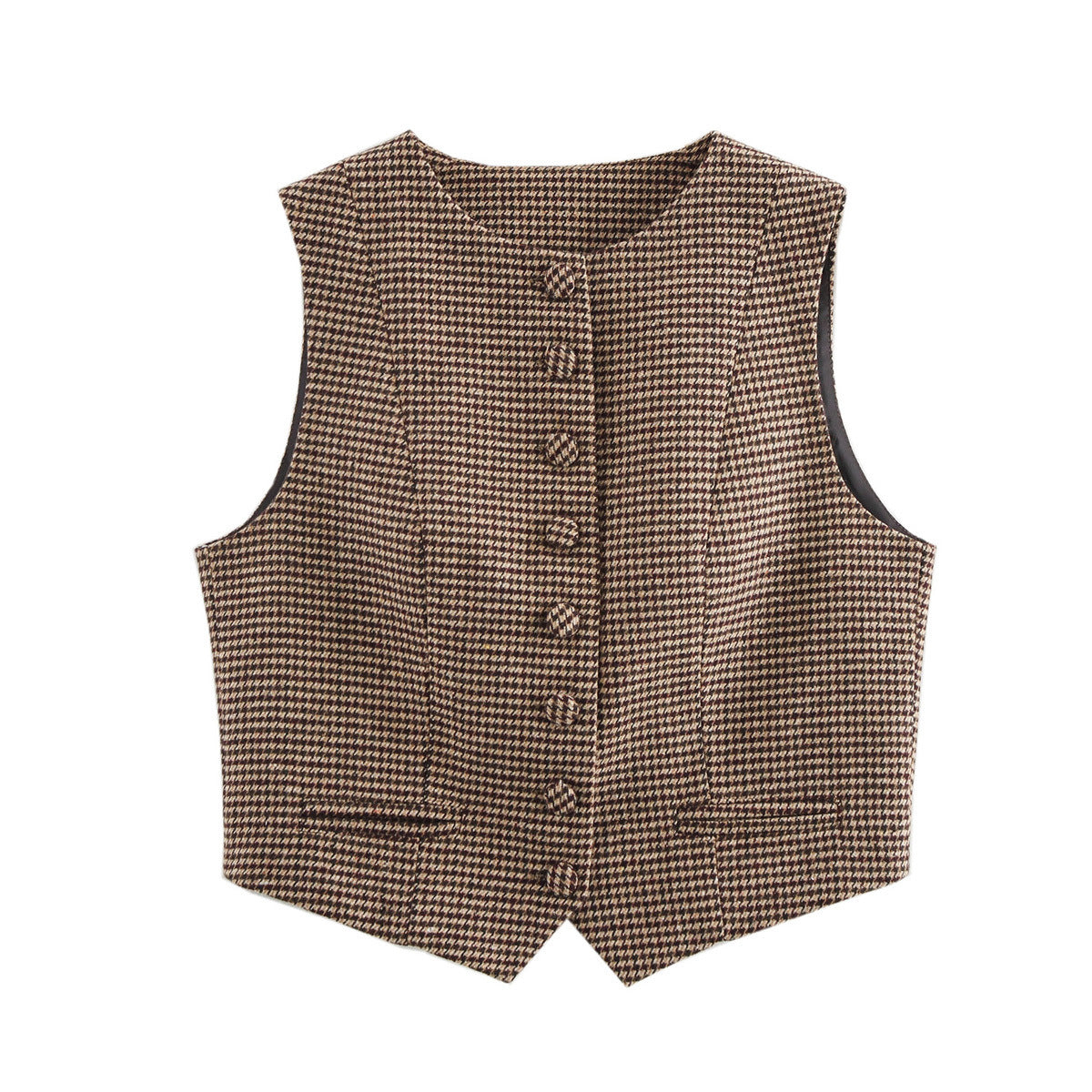 Maren | Houndstooth Check Blazer Vest Tan Button Front Sleeveless