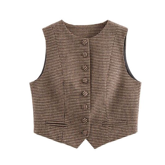 Maren | Houndstooth Check Blazer Vest Tan Button Front Sleeveless