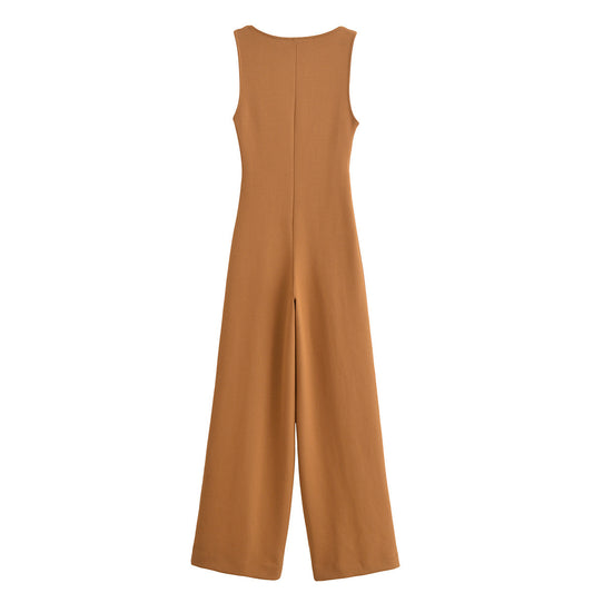 Luisa | Tailored Jumpsuit Brown Wide Leg V Neck