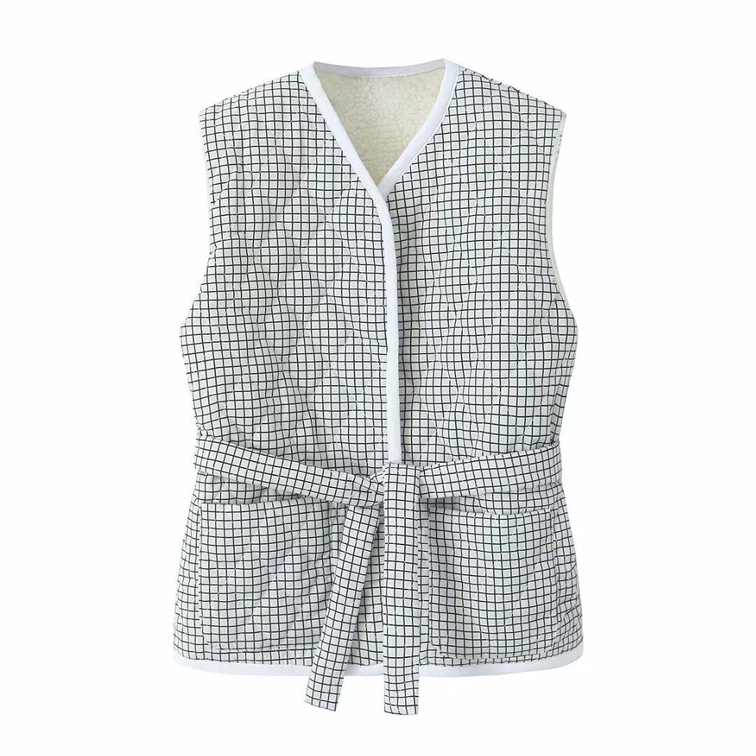Margot | Plaid Sleeveless Button Down Vest Top White Tie Front