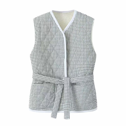Margot | Plaid Sleeveless Button Down Vest Top White Tie Front
