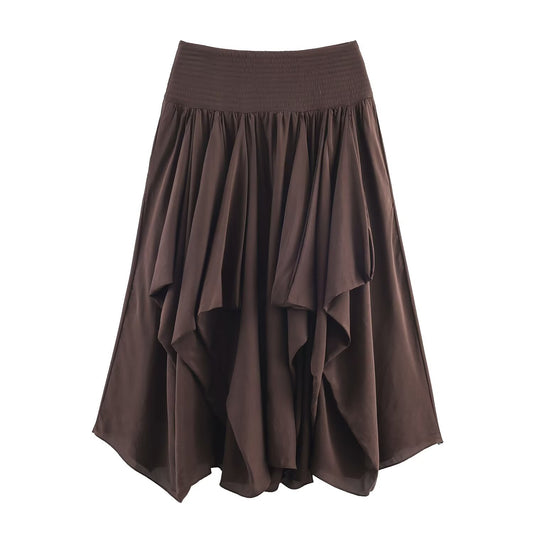Edie | Elegant Satin Midi Skirt Brown Asymmetric Hem