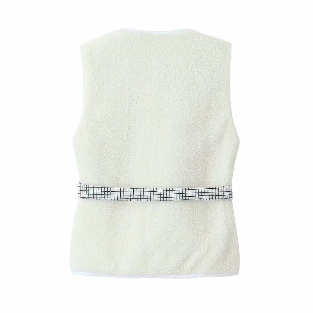 Margot | Plaid Sleeveless Button Down Vest Top White Tie Front