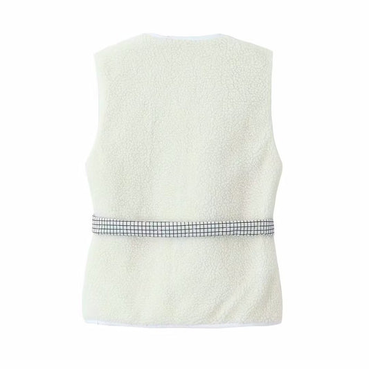 Margot | Plaid Sleeveless Button Down Vest Top White Tie Front