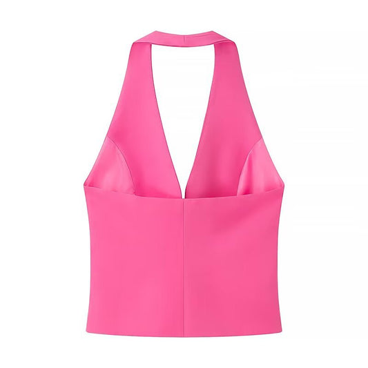 Sia | Halter Neck Top Pink Fitted Peplum Backless Deep V Neck